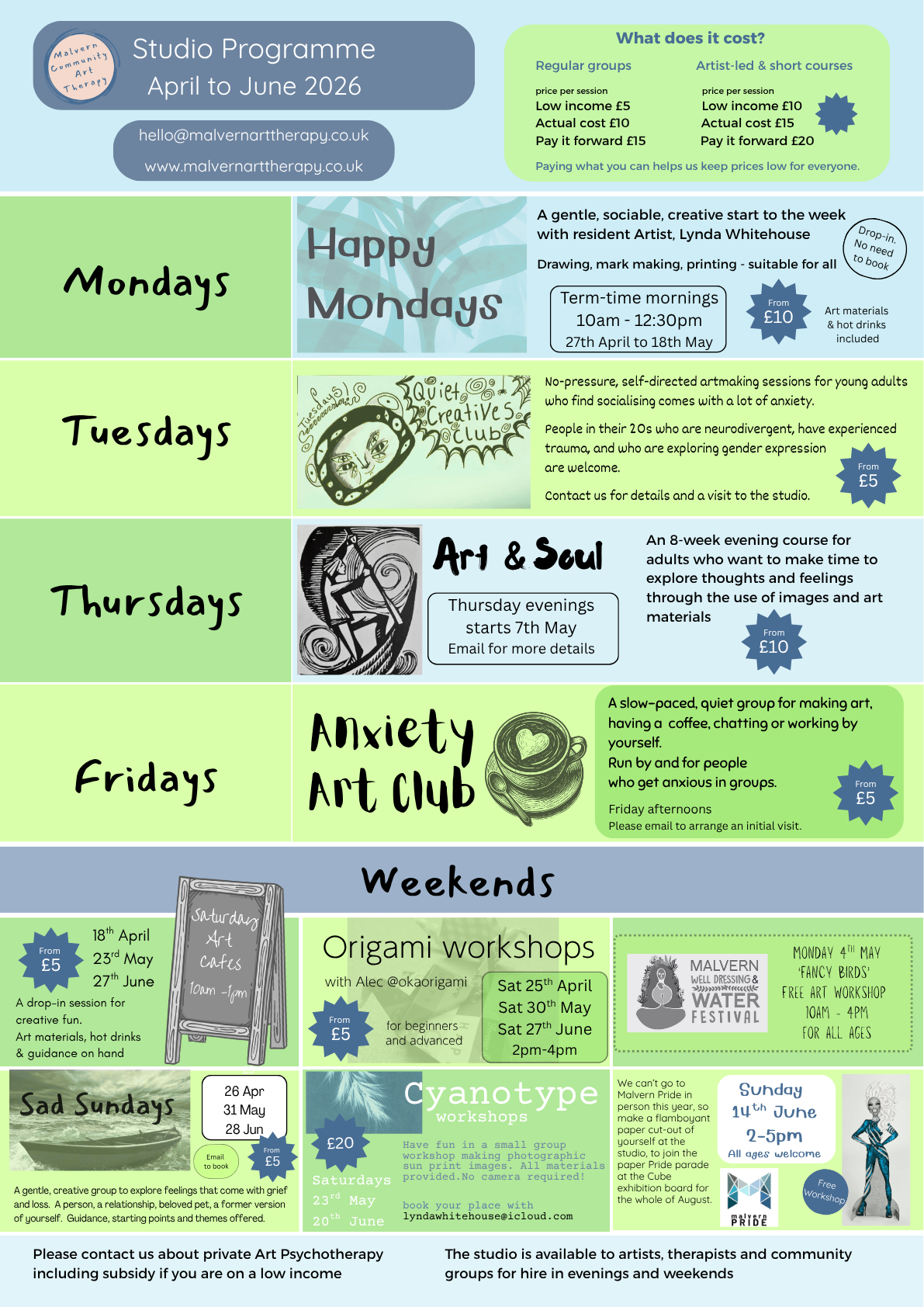 Malvern Community Art Therapy: Studio programme - April to June 2026